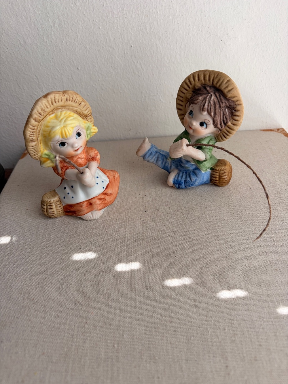 Hand-Painted Boy and Girl Bisque Figurines Country Fishing Homco